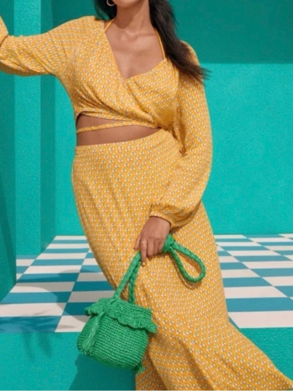 Rhode Feminine Yellow Floral Wrap Top and Skirt Set 3x